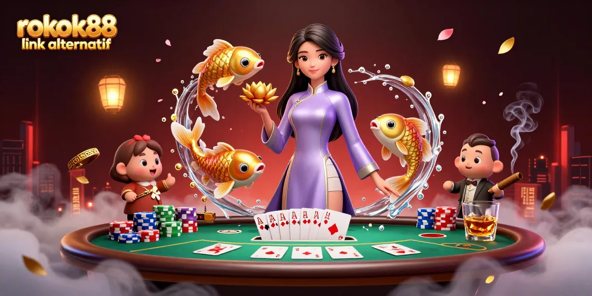 Engage in thrilling gameplay with rokok88 link alternatif at a luxurious poker table surrounded by colorful chips and elegant visuals.
