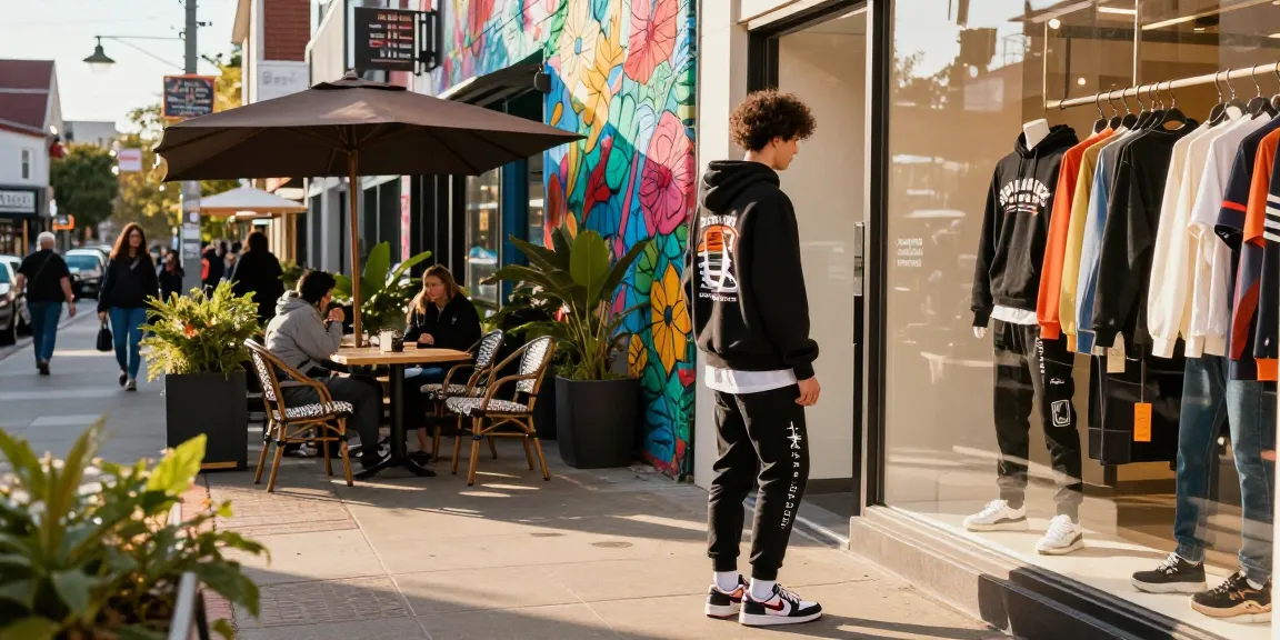 Fashionable individual exploring 레플리카 streetwear in a vibrant urban shop setting