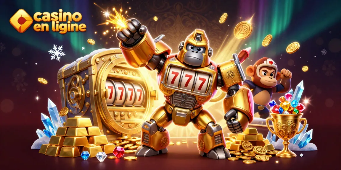 Le jeu de casino en ligne s'anime avec un mech gorille doré et des trésors scintillants.