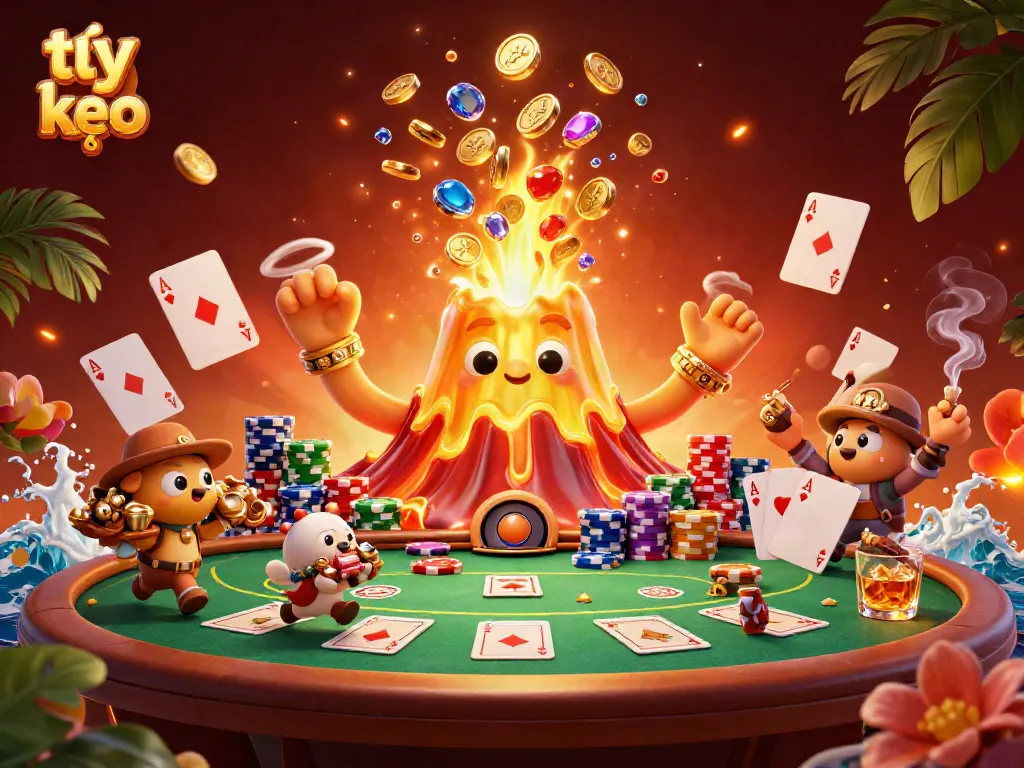 Engage with tỷ lệ kèo in an exciting scene featuring a golden volcano, poker chips, and treasure-filled explorers.