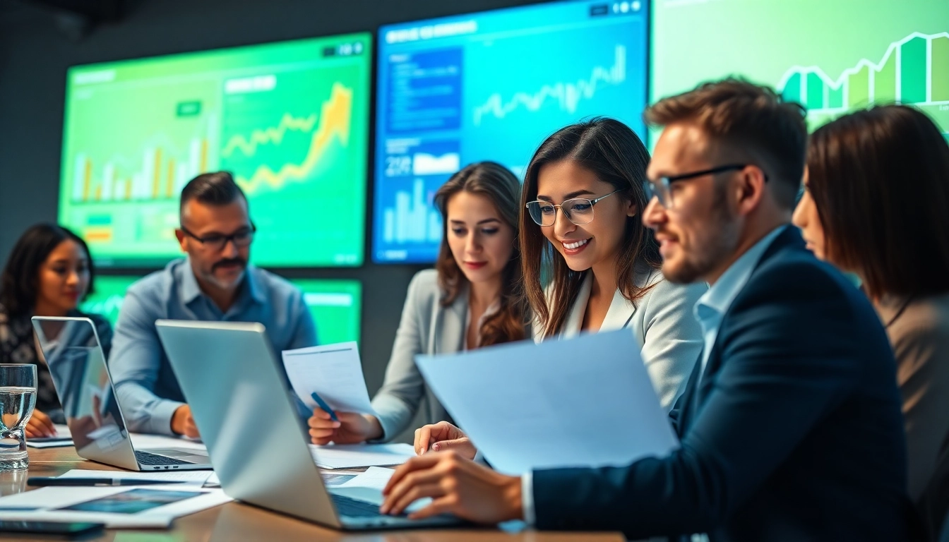 Engaged professionals analyzing b2b competitive intelligence data in a modern office setting.