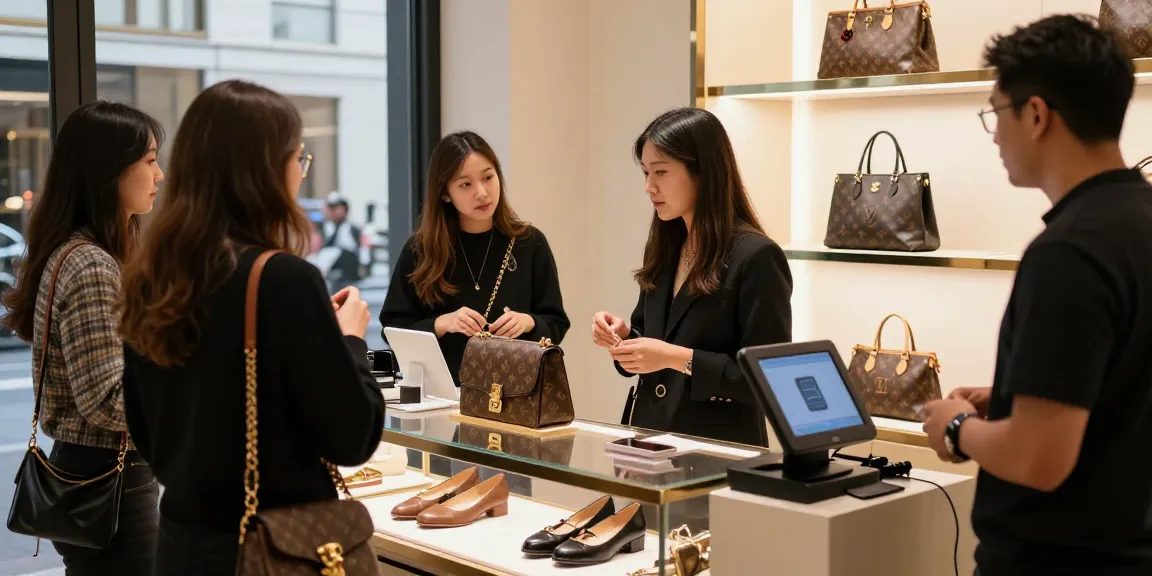 High-quality 레플리카 products showcased in an upscale boutique with engaged customers.