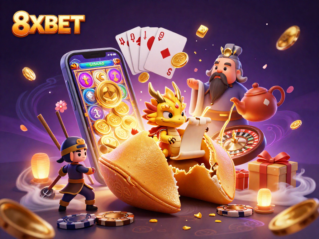 Experience excitement with 8XBET: A vibrant casino scene featuring golden treasures and thrilling games.