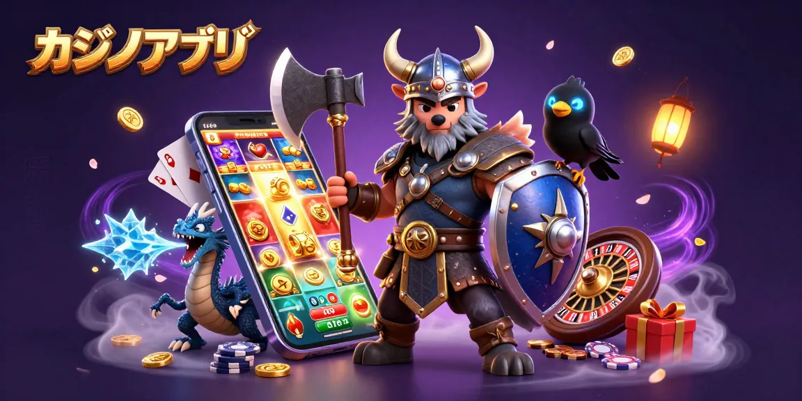 カジノアプリでのスロットゲームを楽しむヴァイキングの戦士、ドラゴン、カラスのイラスト。