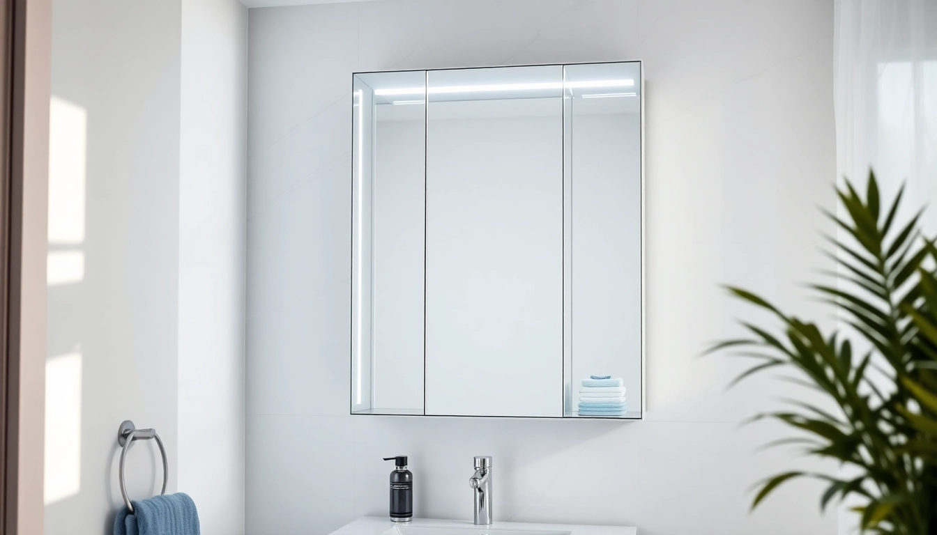 Spiegelschrank mit LED Beleuchtung in modernem Badezimmer-Design mit praktischen Funktionen.