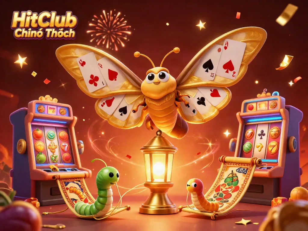 Experience the enchanting world of HitClub Chính Thức with vibrant slot machines and a majestic moth illustration.
