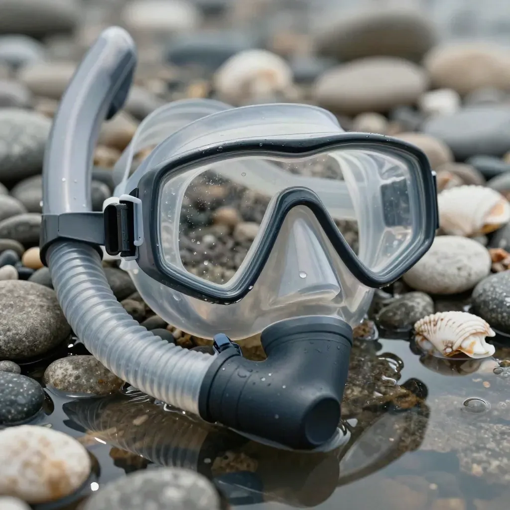 Clear snorkel mask set with fins and tube on wet pebbles, lit by sea spray and reflections.