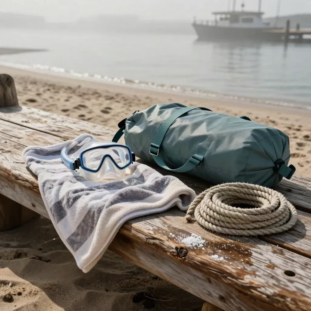 Beach gear on weathered timber by the water: towel, snorkel mask, dry bag, rope.