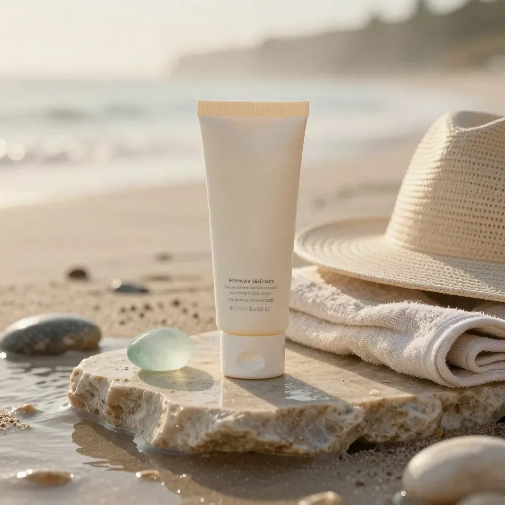 Sunscreen tube on limestone with linen, sea glass, pebble and sun hat in coastal mist.