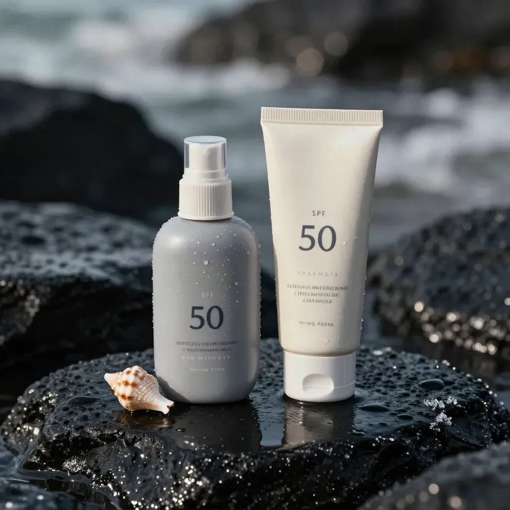 Reef-safe sunscreen bottle and tube on wet basalt with salt mist and a shell fragment