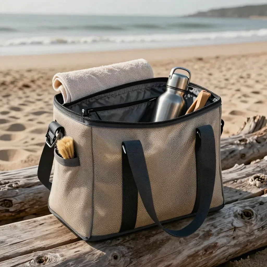 Packed mesh beach tote cooler with towel, bottle and sand brush on breezy driftwood