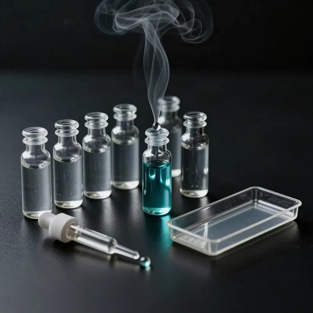 Top-down saltwater aquarium test kit with vials, droppers, and a droplet landing into glass