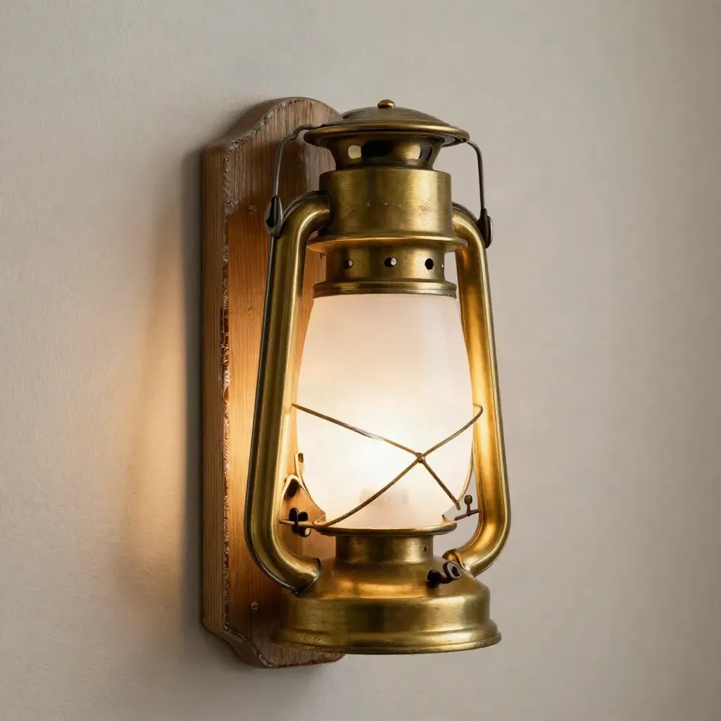 Brushed brass nautical wall lantern glowing softly with rope and weathered wood