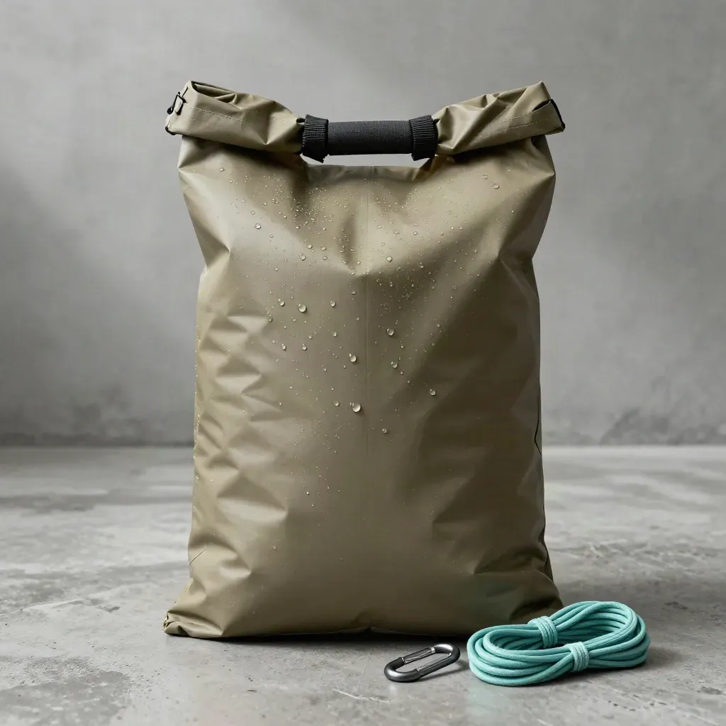 Dry bag with carabiner and coiled cord on wet concrete, seen from above with sea spray.