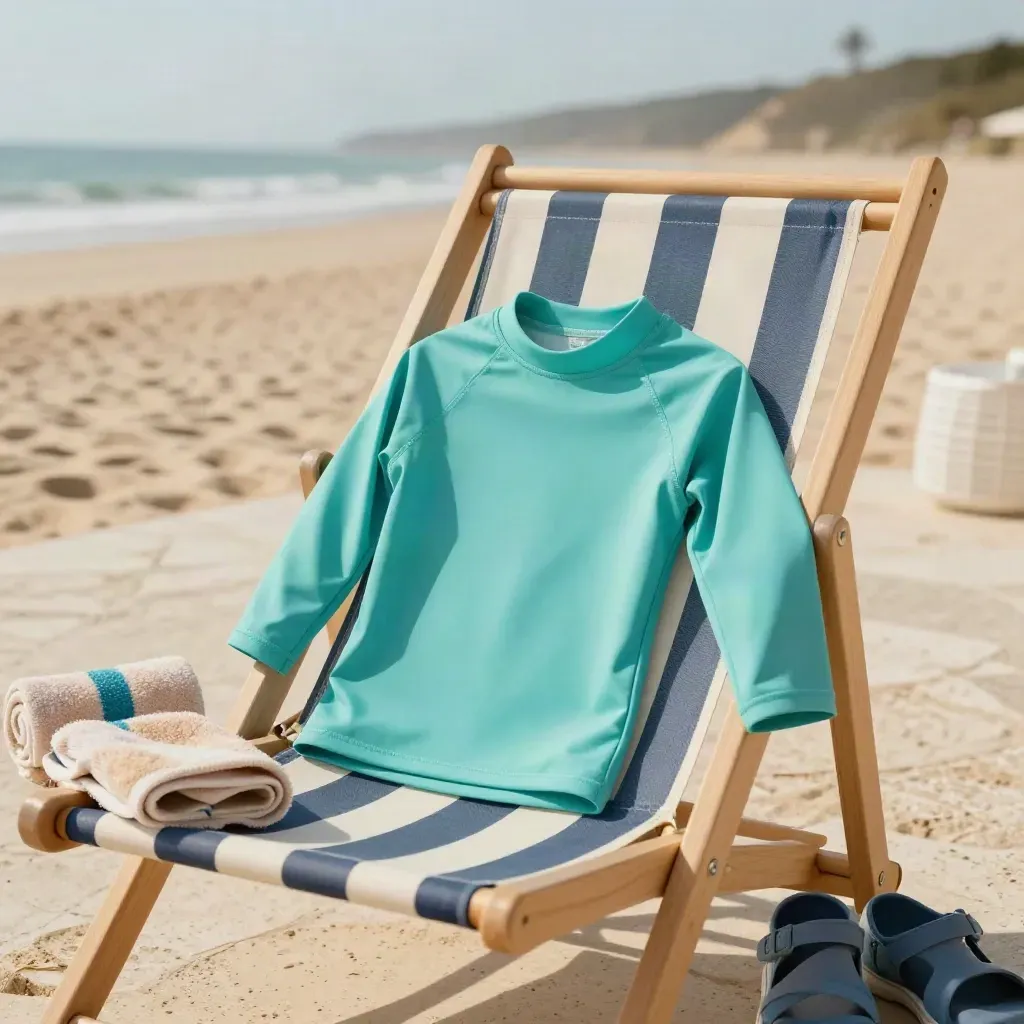 Kids aqua UV swim shirt draped on a striped beach chair with towel and water shoes by the shore