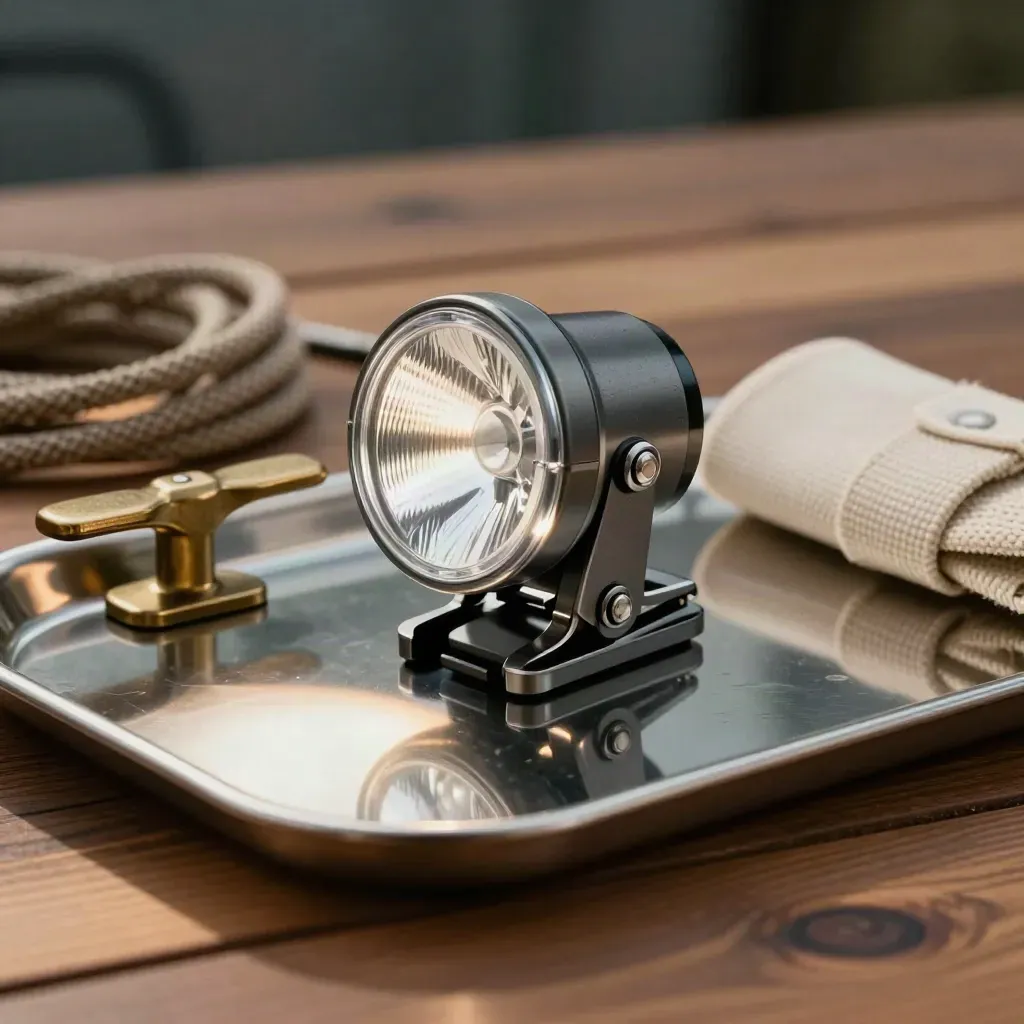 Clip-on boat light on teak with a brass cleat and tray, casting a bright beam