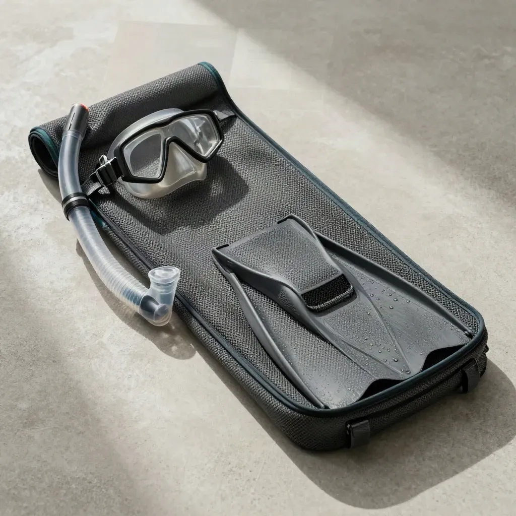 Overhead mesh snorkel bag packed with mask, snorkel and fins on pale concrete, salt mist and teal accents