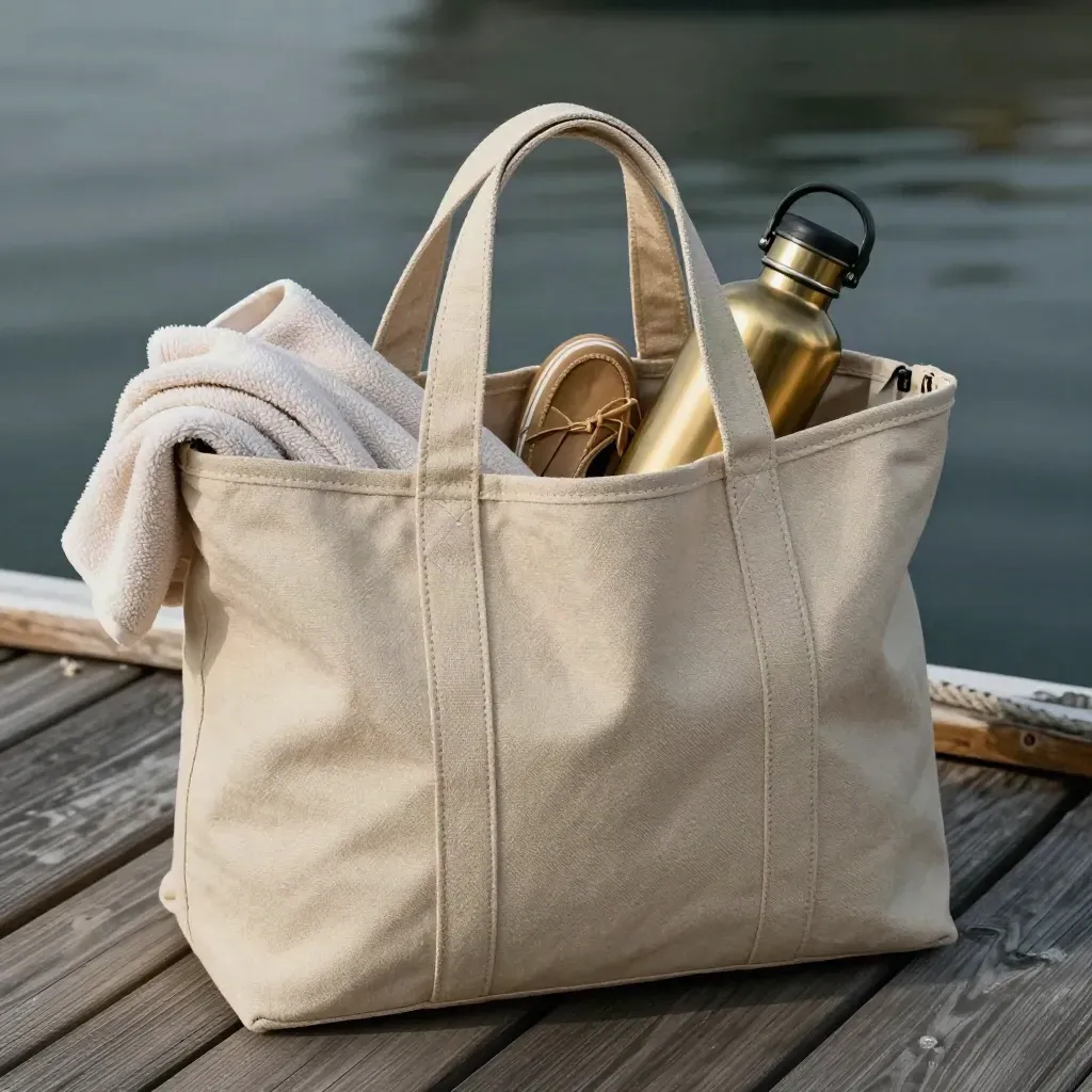 Canvas sailor tote open with towel, deck shoes and brass bottle on a dock