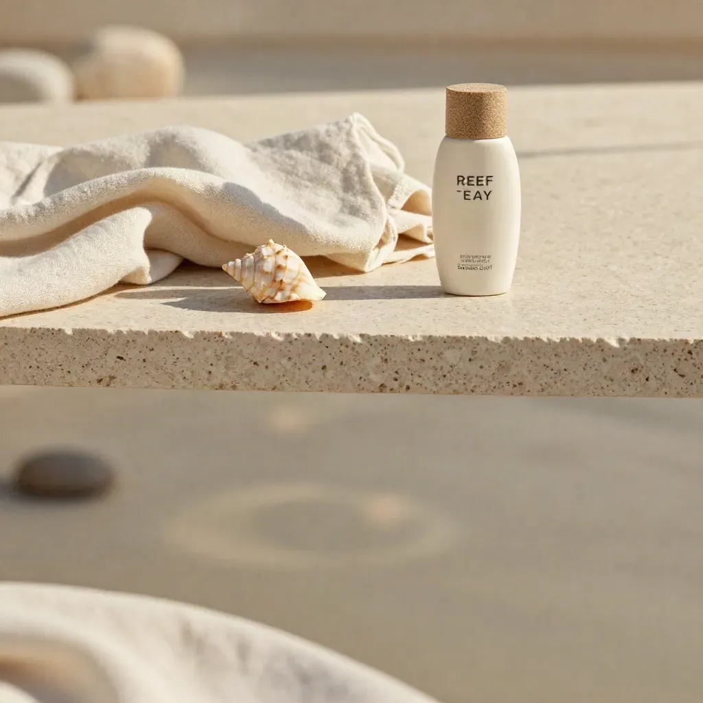 Travertine sun care backdrop with linen, shell and soft afternoon shadows.