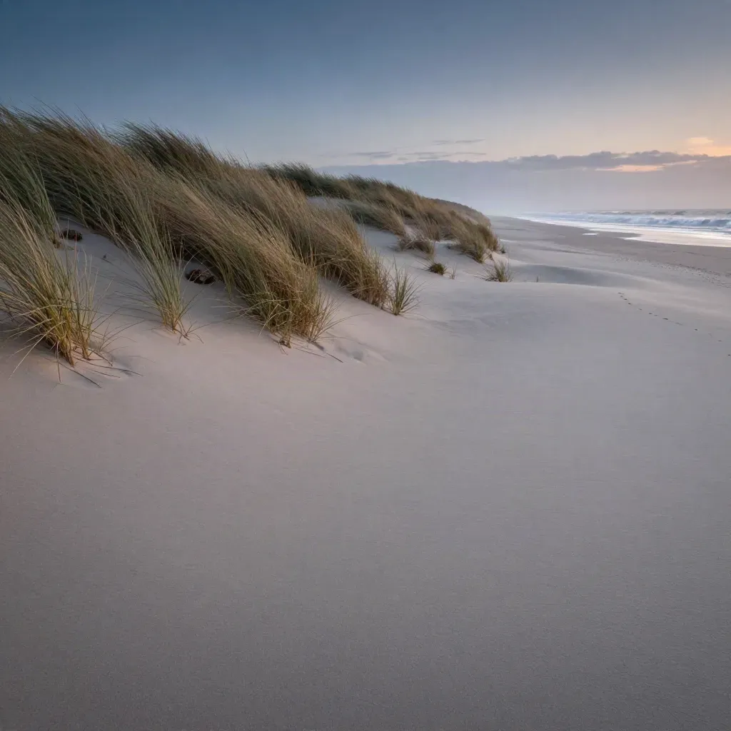 Dune crest at blue hour with beach grass, pale sand, and distant surf in soft haze.