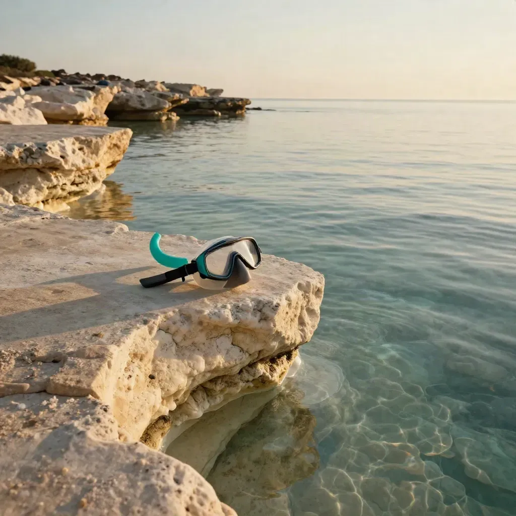 Golden cove overlook with snorkel mask and fins on pale limestone above calm clear water.