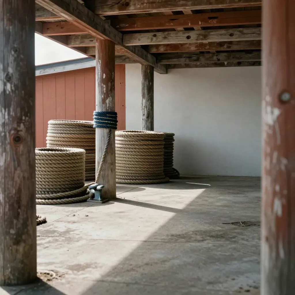 Weathered harbor shed with rope coils, dock posts and sunbeams over a quiet concrete floor.