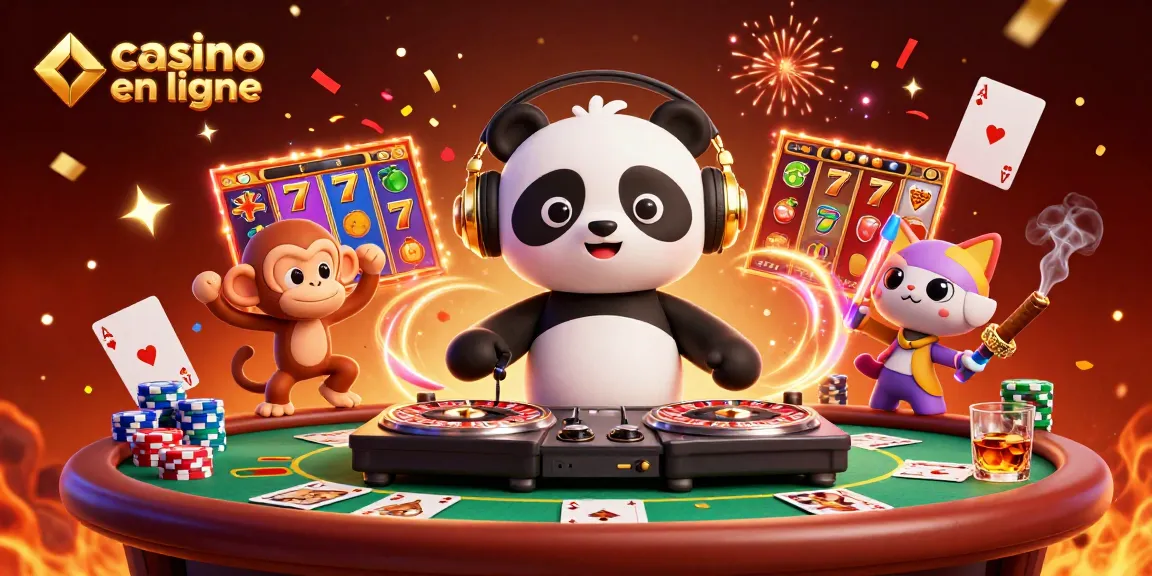 Animation dynamique avec le panda DJ et le chat dans un casino en ligne captivant.