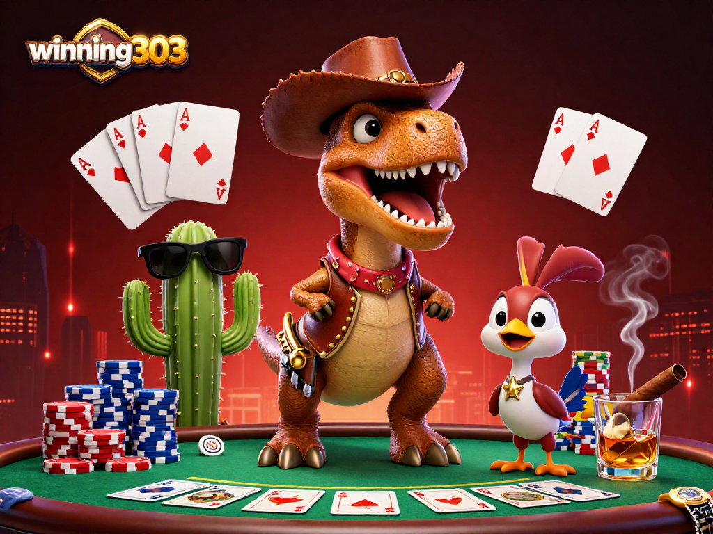 Engage in thrilling poker action with winning303 featuring a cowboy dinosaur and game elements.
