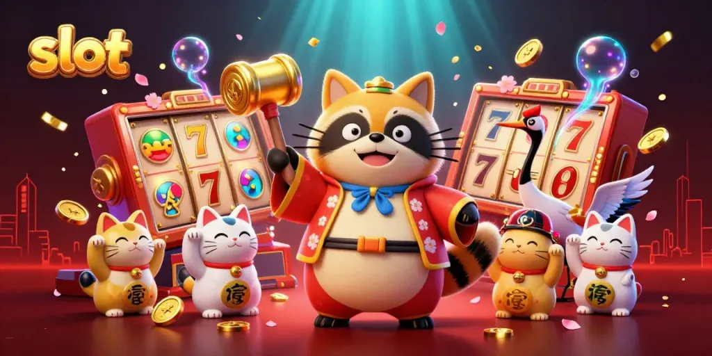 Experience exciting slot action with a cheerful tanuki and friends in a vibrant casino world.