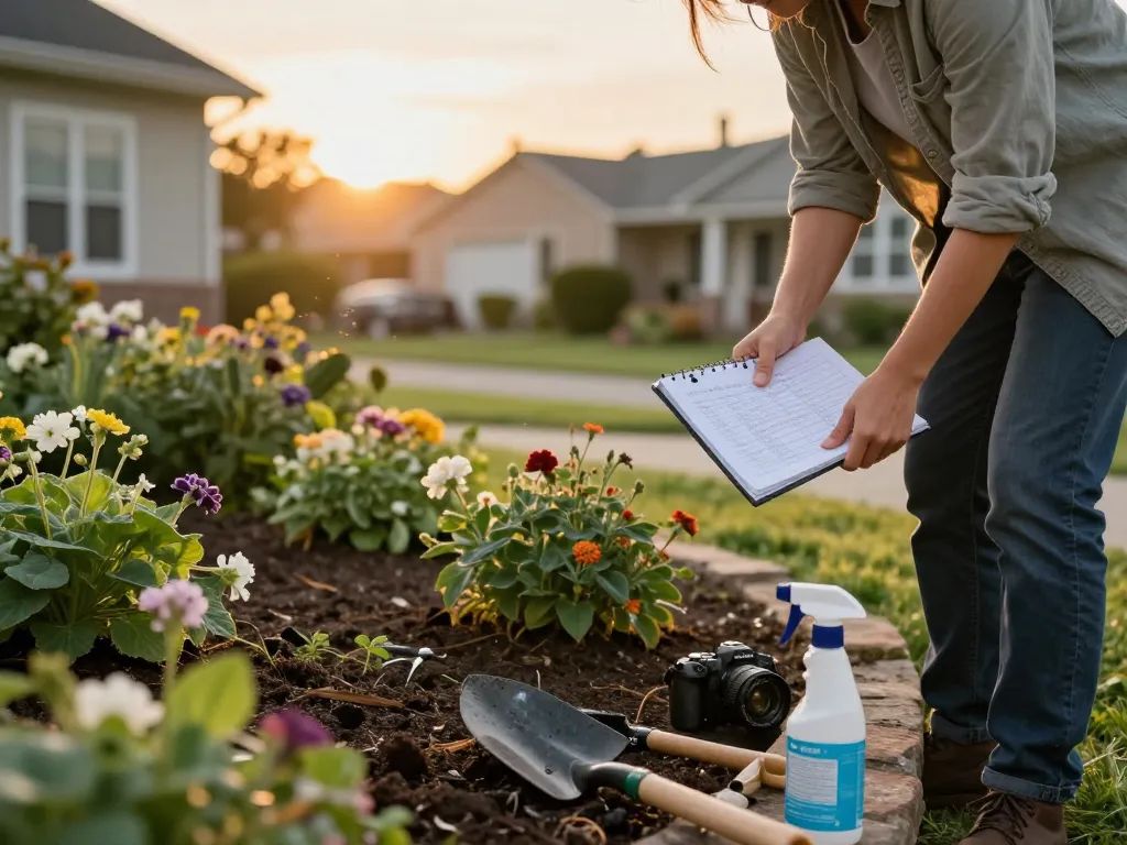 Pest control tips: Homeowner inspecting garden for pests with tools.