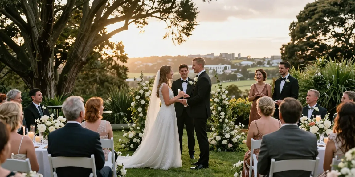 Dunedin wedding photographer capturing a couple's emotional outdoor ceremony amidst a stunning garden backdrop.