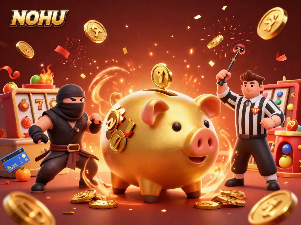 Experience thrilling gaming with NOHU's vibrant piggy bank sumo wrestler and immersive slot elements.