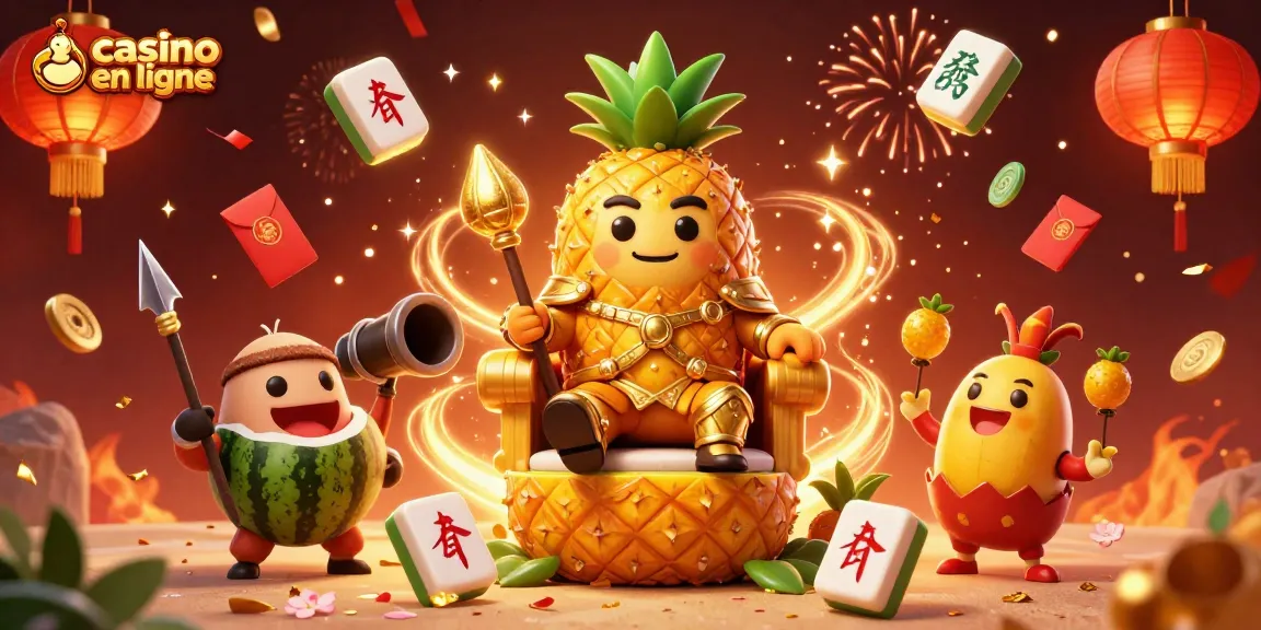 Profitez du casino en ligne avec le roi ananas et des éléments de jeu festifs.