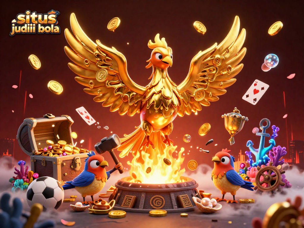 Bet on situs judi bola with striking golden phoenix soaring through a dynamic sports-themed scene.