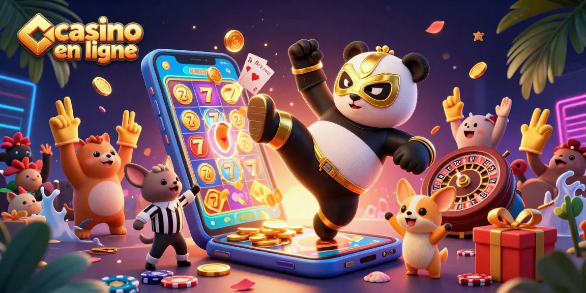 Un panda lutteur en ligne effectue un coup de pied spectaculaire dans un casino en ligne vibrant.