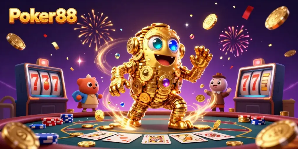 Experience thrilling poker action at Poker88 with a vibrant 3D depiction of gold coin characters and festive casino elements.
