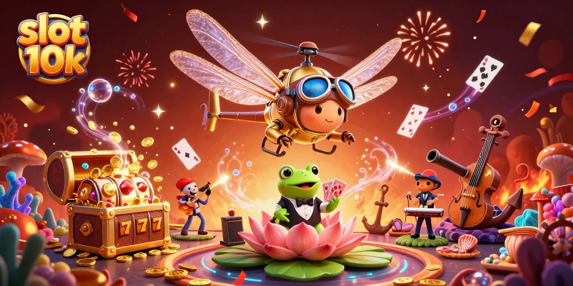Experience the excitement of slot 10k with a vibrant casino scene featuring animated characters and gold treasure