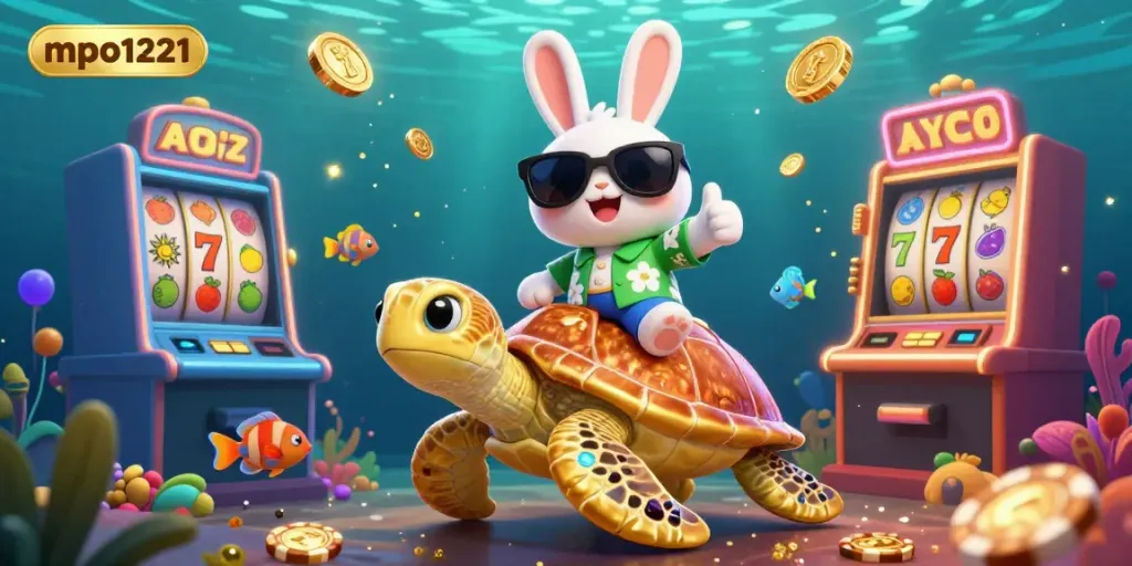 Experience thrilling gameplay action at mpo1221 with a lucky rabbit on a golden turtle, showcasing vibrant casino elements.