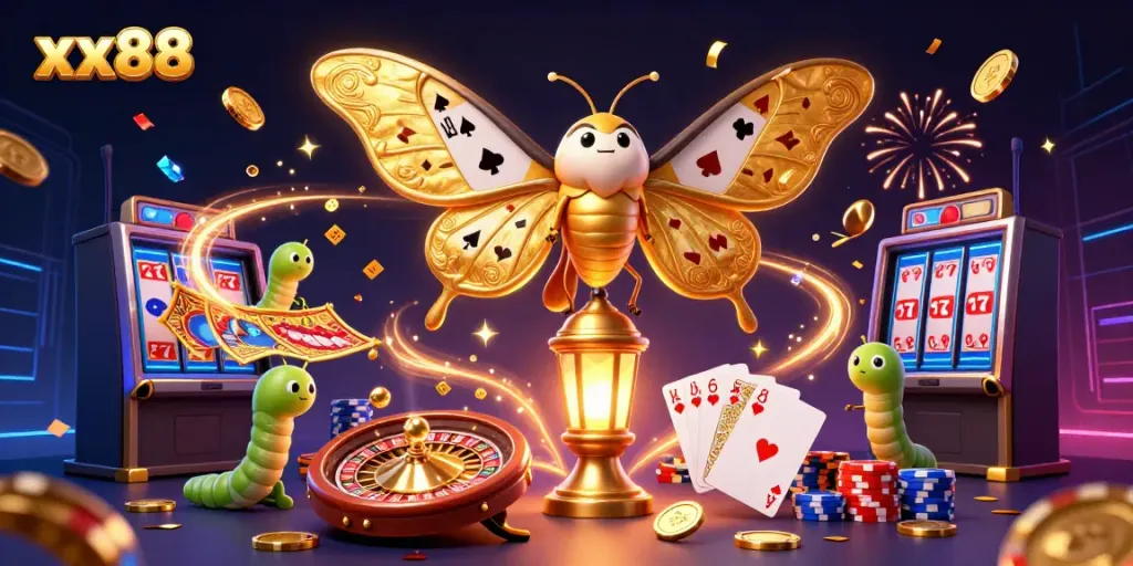 Experience the thrill of xx88 casino with vibrant gold elements and playing cards in an enchanting scene.