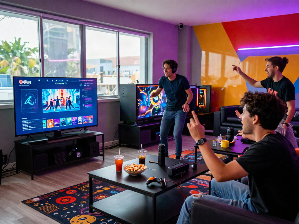 Situs LUXURY111: Teman-teman bergembira bermain permainan video di ruang game modern dengan suasana ceria.