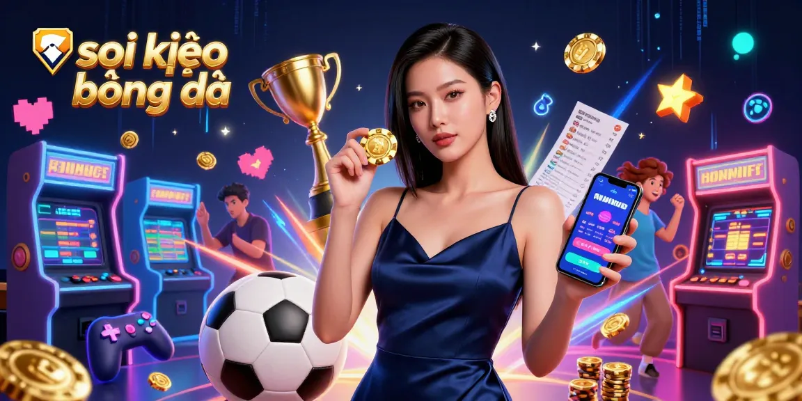 Bet on soi kèo bóng đá with a confident Asian woman showcasing a casino app and golden chip amidst dynamic gaming elements.
