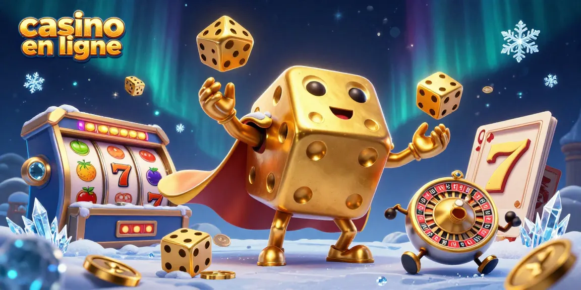 Jouez au casino en ligne avec des dés dorés animés, des rouleaux de machines à sous, et une aurora magique.