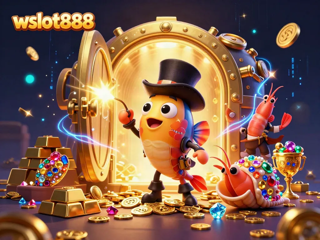 wslot888 menarik koin emas di lautan dengan karakter unik, ilustrasi 3D