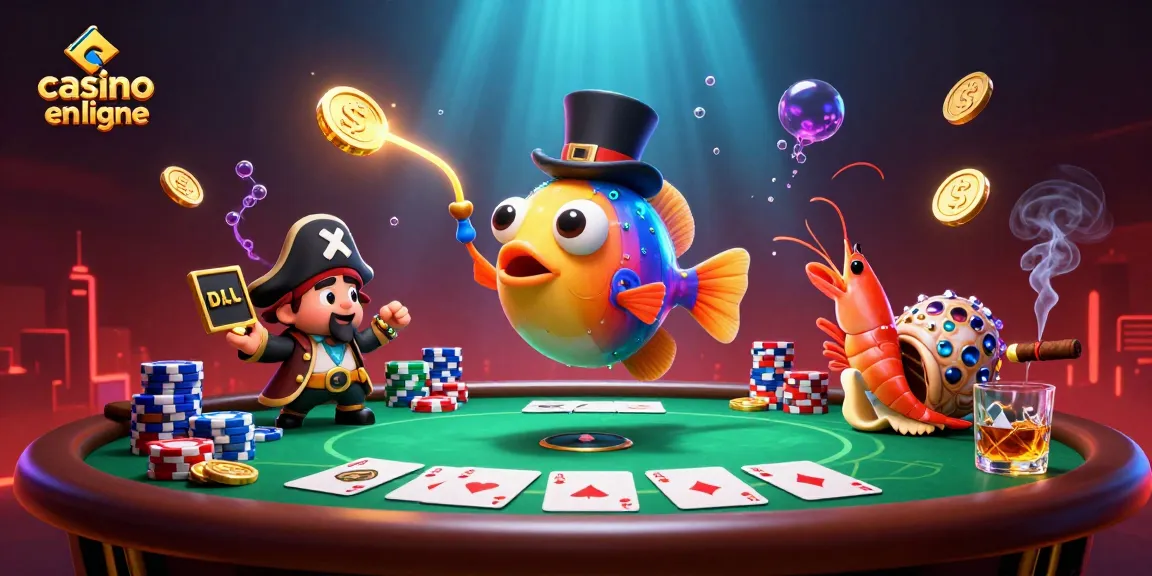 Observez le casino en ligne animé avec un poisson-lanterne et des trésors sous-marins autour d'une table de poker.