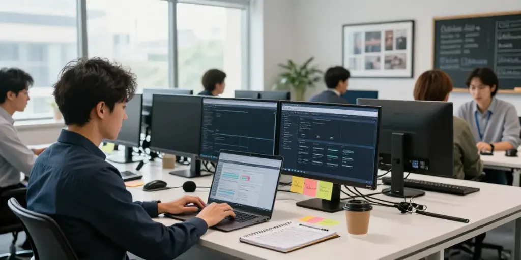 Journalist learning how to create news articles with AI in a modern newsroom.