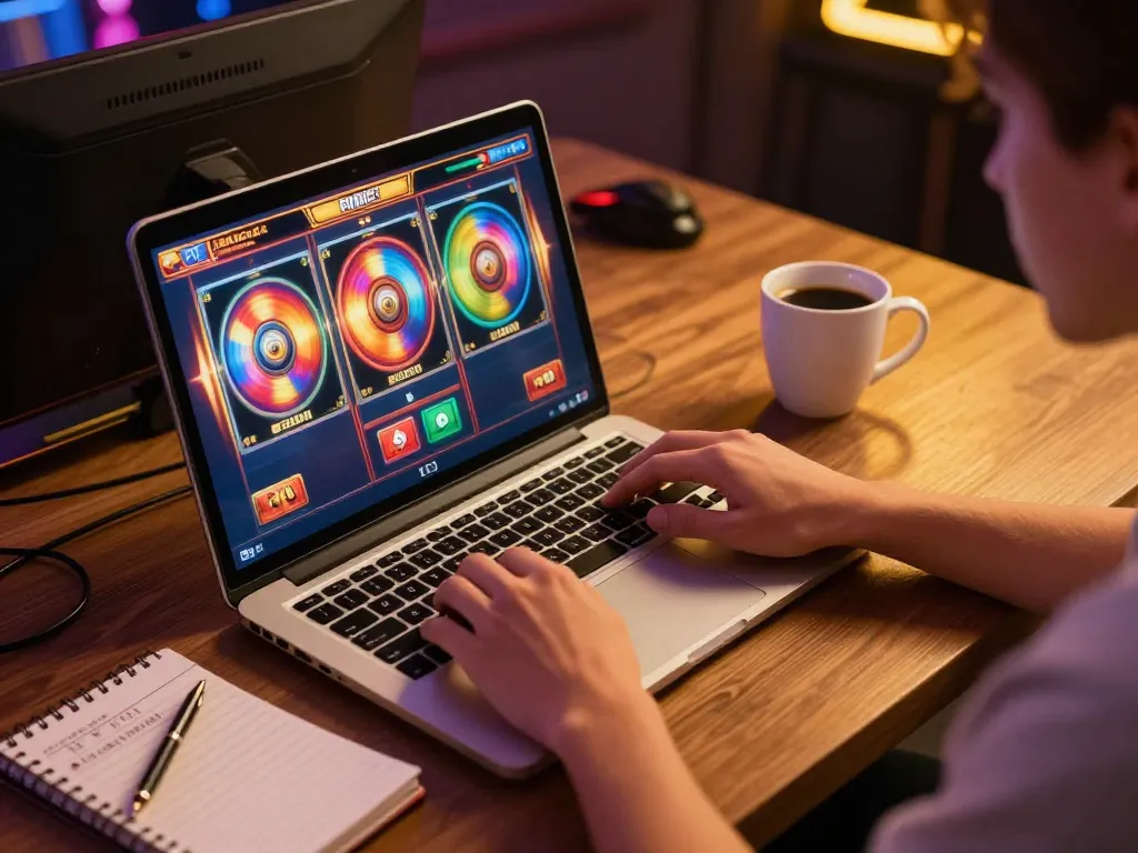 Engaging in online gaming with Link Slot Gacor displayed on laptop, showing an energized gaming atmosphere.
