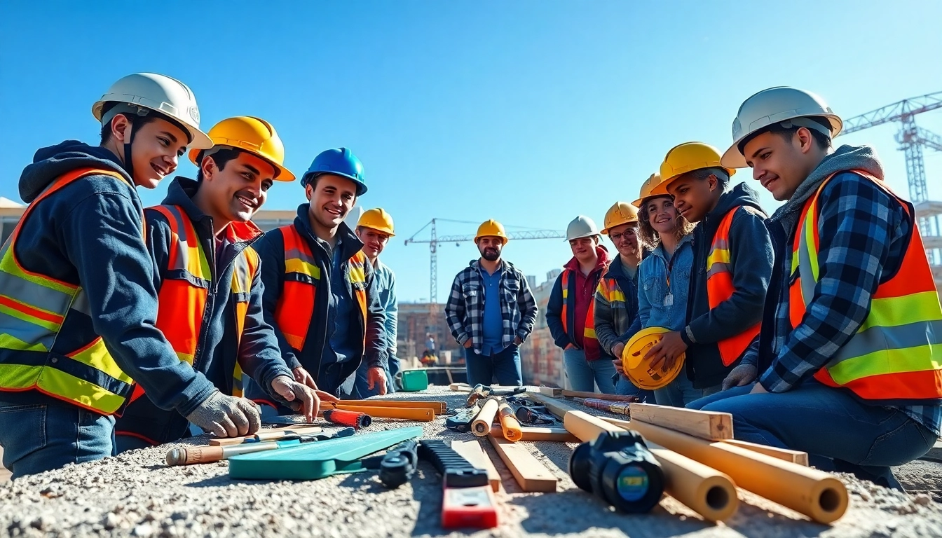 Engaged learners in a construction apprenticeship practicing skills on site.
