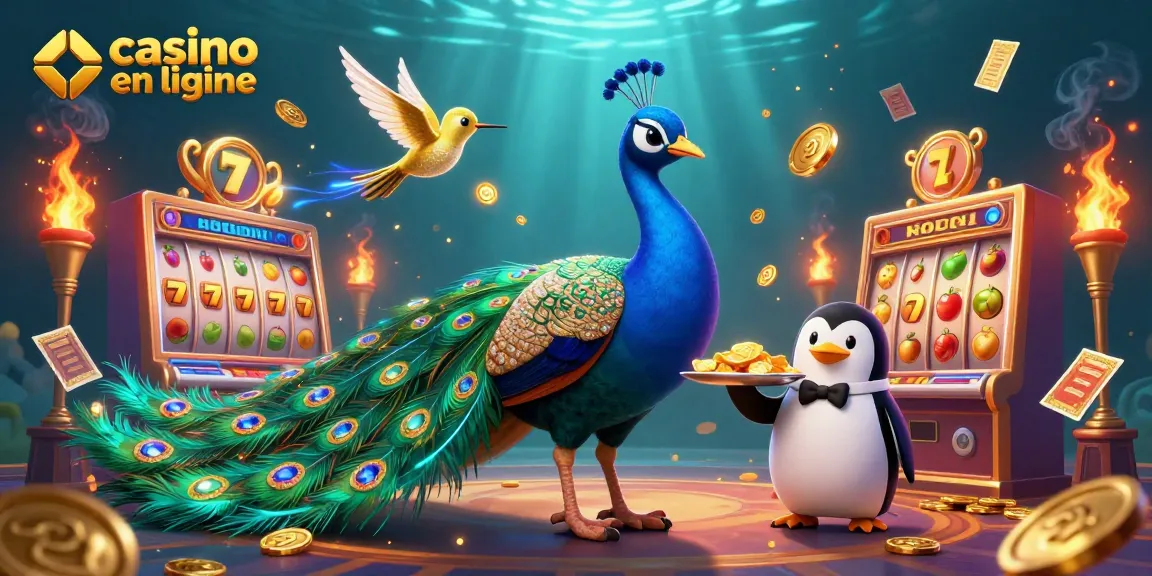 Plonger dans le monde vibrant du casino en ligne avec un paon aristocratique et des éléments de machines à sous.