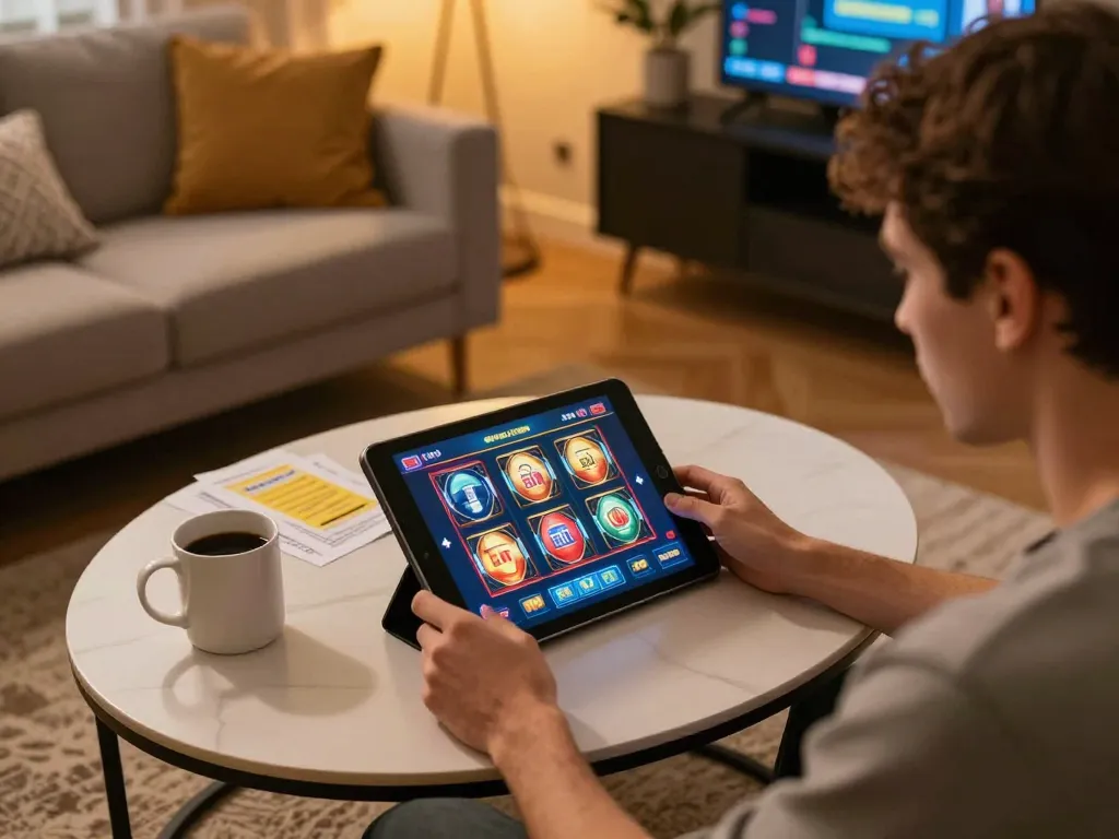 Player exploring link slot options on a tablet at home, creating a comfortable gaming environment.