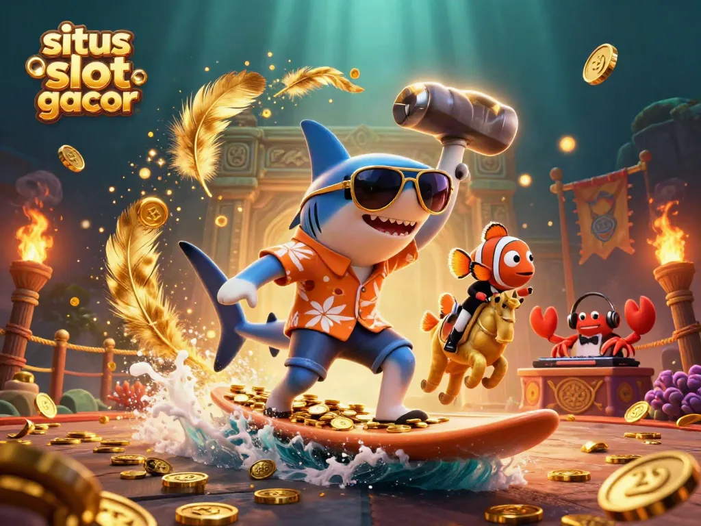 Menang besar dalam situs slot gacor dengan ilustrasi 3D karakter kartun di tengah lautan koin emas.